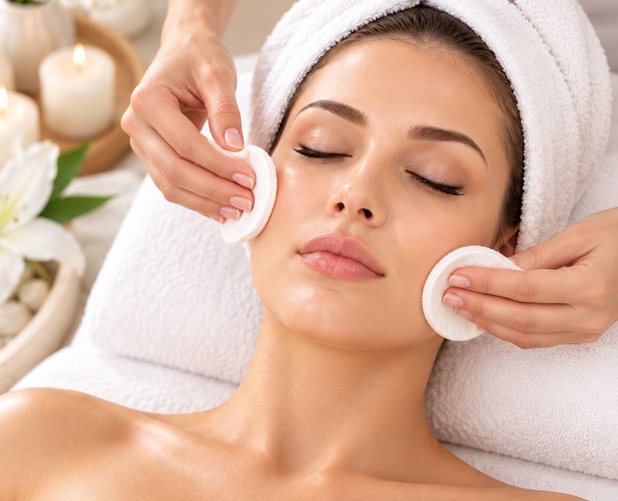 Esthetician gently cleansing a guest's face with soft pads