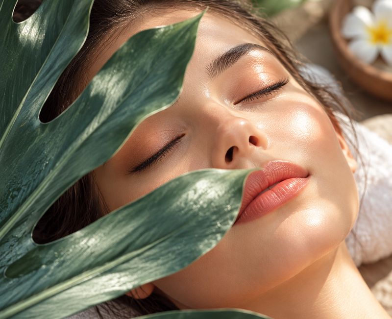Guest with eyes closed as a leaf brushes her cheek