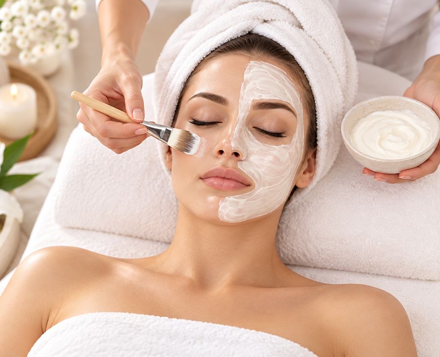 Guest relaxing under a clay mask with a towel wrap